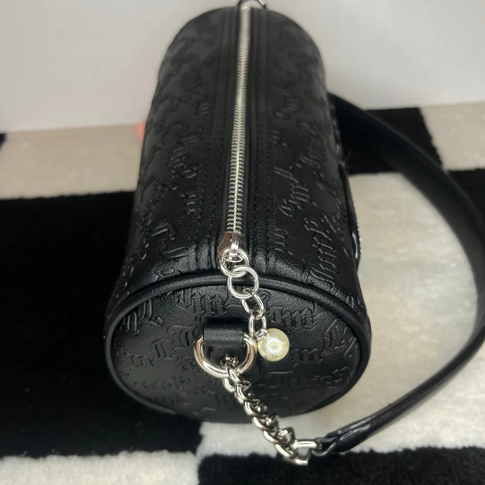 Juicy Couture Black Barrel Shoulder Bag Rhinestone Pearl Logo & Chain Strap - Picture 9 of 10